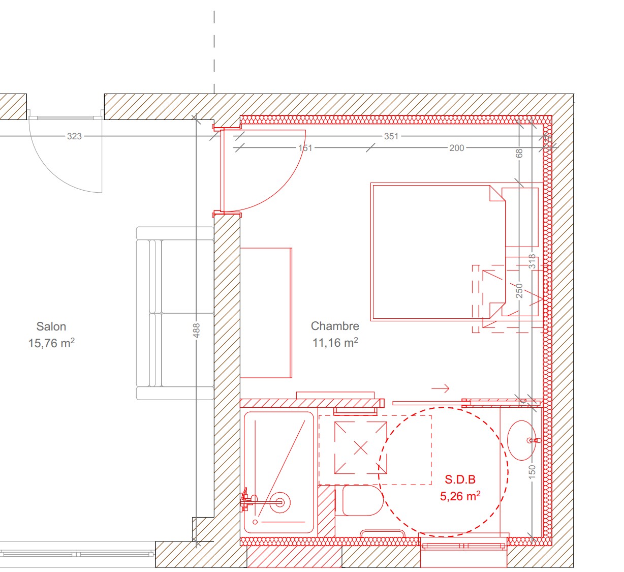 Plan d'aménagement d'une salle de bain accessible PMR, avec cercle de giration